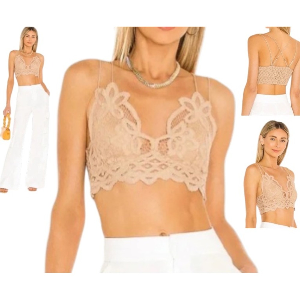 Free People FP One Adella Bralette Nude Beige Floral Lace Smocked Back Medium